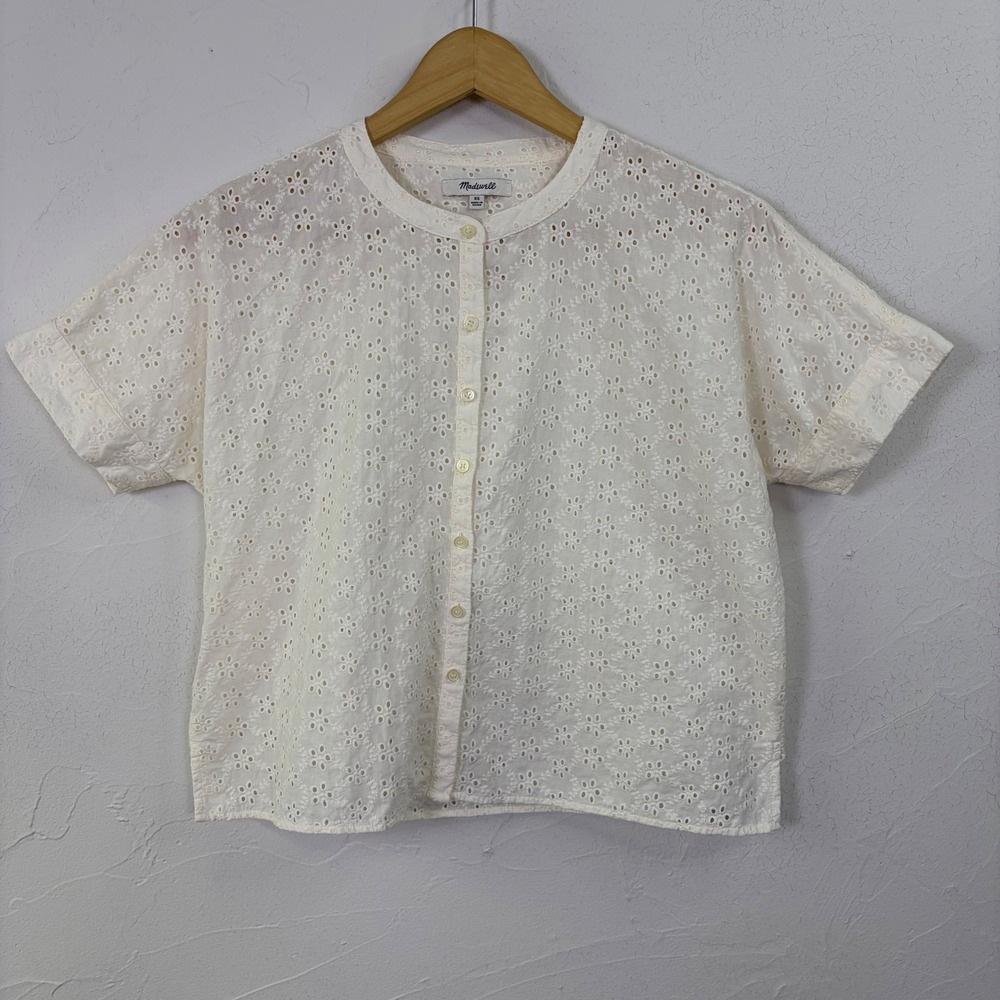 Madewell Eyelet Button Front Top Women XS White Short Sleeve Boxy Boho